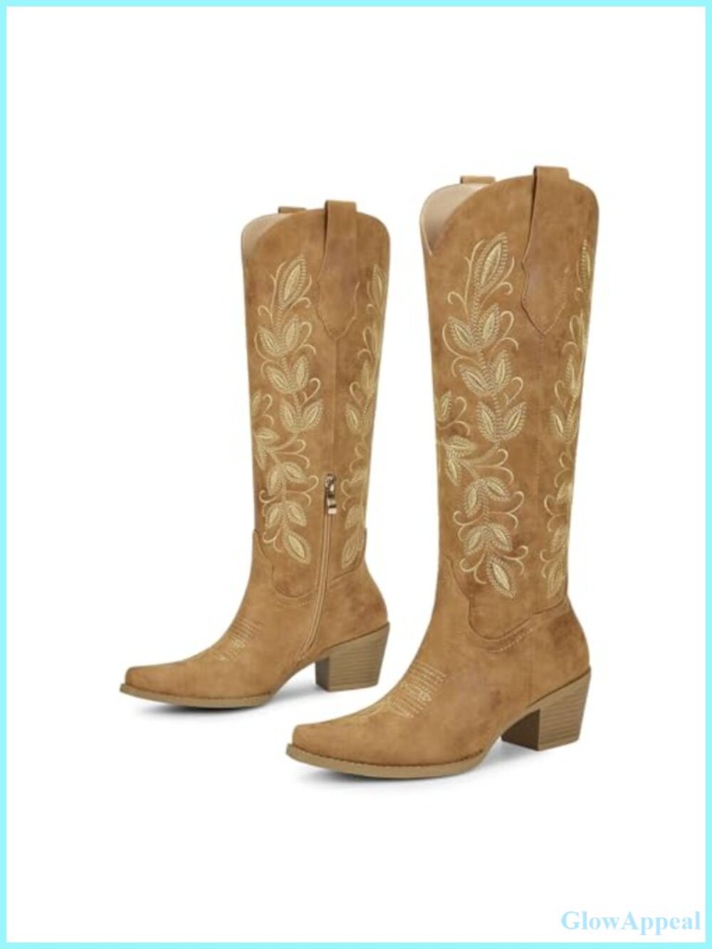 Womens Knee High Western Boots Faux Leather Floral Embroidered Low Heel